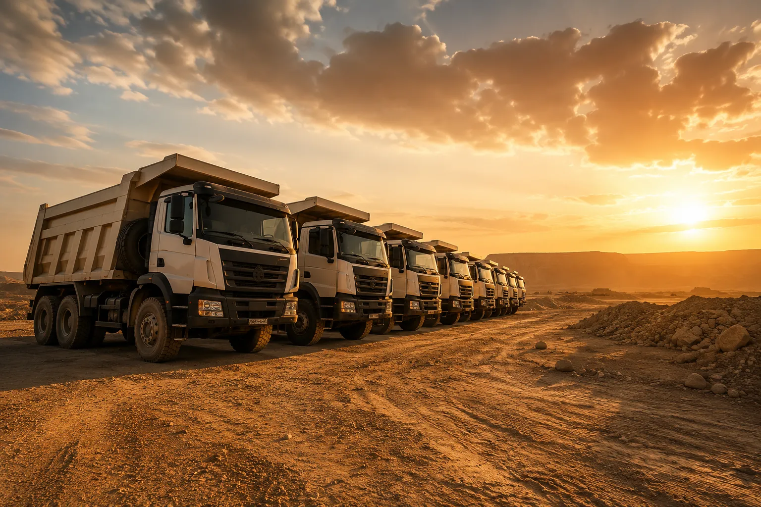 NOVA Terra heavy fleet on a Saudi desert highway at dawn